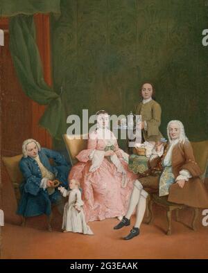 Portrait d'une famille vénitienne avec un serviteur servant du café. Dans ses peintures, Longhi a généralement poché le doux plaisir aux activités quotidiennes de l'élite vénitienne. Ce n'est cependant pas le cas ici. C'est simplement un portrait d'une famille buvant du café, avec la dame de la maison prenant le centre de la scène. L'inclusion ostentatoire du serviteur est remarquable. Il aurait dû être un membre précieux du ménage. Banque D'Images