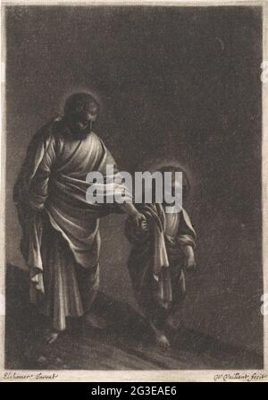 Le Saint Joseph avec l'enfant Christ. Joseph et le Christin marchent sur une route au clair de lune. Banque D'Images