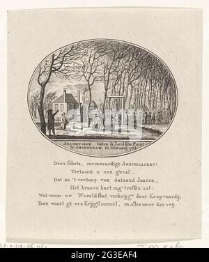 Exécutions en dehors de la Leidsepoort à Amsterdam, 1788; Arquebusade, en dehors de la Leidsche Poort à Amsterdam, en février 1788. Exposition du régiment suisse de mai, à l'extérieur du Leidsepoort à Amsterdam, février 1788. Conseil de la guerre en plein air, une personne condamnée est suspendue aux jachs, une autre à genoux à gauche pour une pomprootone . Avec six guides au-dessous du spectacle ovale. Banque D'Images