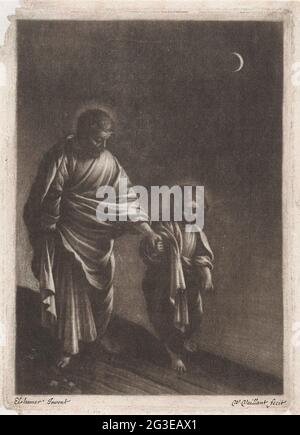 Le Saint Joseph avec l'enfant Christ. Joseph et le Christin marchent sur une route au clair de lune. Banque D'Images