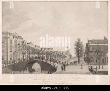 À Leiden le Rapenburg, 1807; le Rapenburg à Leijden, comme il s'est montré pour l'éruption rapide (...); quatre plaques de la catastrophe de la poudre à canon Leiden de 1807. Face à conduire le Rapenburg, dans le bien-être avant le crap de poudre à canon du 12 janvier 1807. Au premier plan, le pont Nieuwsteeg, après le pont, la grange en pierre avec l'église Sairenhal ou Sint Lodewijk au loin. Banque D'Images