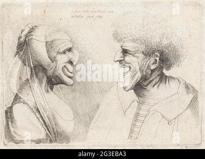 Têtes déformées d'un homme et d'une femme souriants avec tête de tête; varie figurae et prosae; caricatures, têtes et malformations à Leonardo da Vinci. . Banque D'Images