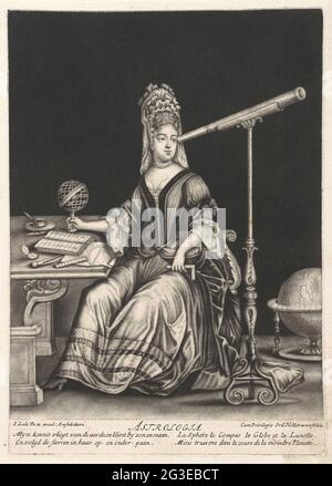 Astrologia; les sept arts libéraux (artes liberales). La personnification de l'Astrologia (Astronomie) regarde à travers un télescope. Elle tient un armillarium à la main. Il y a un bloc-notes sur la table, un passant et des instruments astrologiques. L'imprimé fait partie d'une série en sept parties sur les sept arts libéraux Banque D'Images