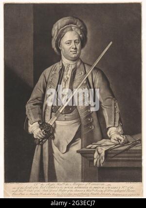 Portrait d'un homme, peut-être James Brydges; à droite, on a le marquis de Carnarvon. Un homme avec une épée masonique en main et un chapeau de fourrure sur la tête. Il laisse sa main reposer sur une table, où se trouvent des gants et un passant. Le portrait est possible James Brydges, duc de Chandos. Banque D'Images