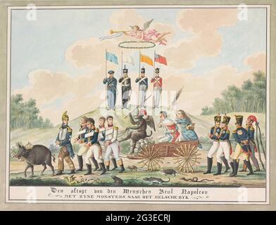Caricature sur les napoléons attente à Elba, 1814; Den batten van den Menchen Beul Napoléon avec ses échantillons à Het Helsche Empire. Caricature sur l'élimination de Napoleons à l'île d'Elbe, mai 1814. Poignée Napoléon est enlevé par le diable sur Kar. Le diable est assis sur une pile de têtes de boîte. Une femme aime Napoléon une bouteille sous le nez alors qu'elle le porte avec une tige, elle porte une boîte avec une marmotte. La voiture est tirée par les quatre frères de Napoléon et précédée par le général Ney vêtu de chiffons. À l'avant se trouve un sanglier avec couronne d'empereurs et un scapter. Derrière la voiture quatre généraux français cultivés. Au premier plan wal Banque D'Images