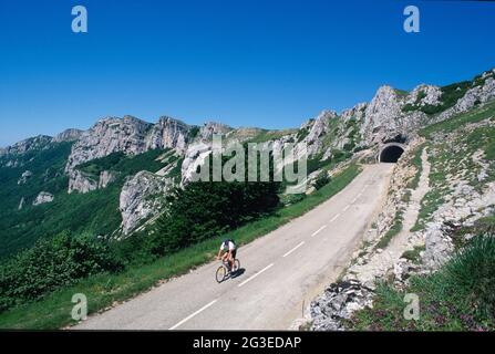 FRANCE. DRÔME (26) OMBLEZE (PARC-NATUREL-RÉGIONAL-DE-VERCORS) TUNNEL PAYSAGÉ DU COL DE LA BATAILLE (COLLIER DE LA BATAILLE) VÉLO Banque D'Images