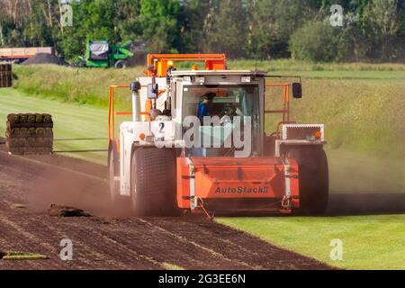 Tarleton, Lancashire. Météo au Royaume-Uni 16 juin 2021. Conditions sèches et poussiéreuses et ensoleillées pour les agriculteurs qui récoltent des pelouses cultivées dans le commerce avec une machine de coupe Trebro AutoStack II. AutoStackers sont le premier choix dans le monde des producteurs automatiques de gazon, pour satisfaire la demande des constructeurs locaux qui ont régulièrement besoin de gazon pour de nouveaux logements où les pelouses sont utilisées autour des maisons, des appartements, des bâtiments commerciaux et des installations sportives . Crédit; MediaWorldImages/AlamyLiveNews Banque D'Images