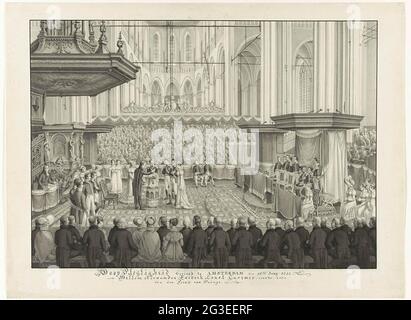 Baptême d'Ernst Casimir van Oranje-Nassau, 1822; baptême célébré à Amsterdam den 18den Juny 1822. À Willem Alexander Fredrik Ernst Casimir, quatrième fils du prince d'Orange. Baptême d'Ernst Casimir, prince d'Oranje-Nassau, 18 juin 1822 dans le Nieuwe Kerk à Amsterdam. Ernst Casimir était le quatrième fils du roi hollandais William II et d'Anna Paulowna. Cérémonie de baptême dans une église complète. DS. Déréglage Les membres de la maison royale sont au centre, à droite leurs sièges. Les clients sont assis à l'avant et à l'arrière-plan. Banque D'Images