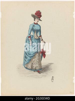 Femme avec parasol. Une femme, marchant vers la droite, vue de l'avant, un parasol ou un parasol, déposée avec un grand arc dans la main gauche. Chapeau avec le même noeud sur la tête. Bleu ?? À propos d'un ... Banque D'Images