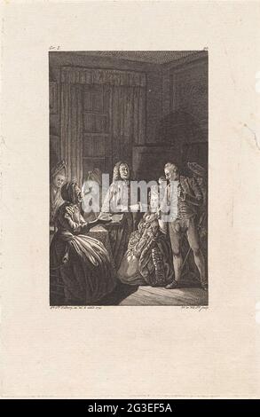 Intérieur aux chandelles. Une jeune femme richement habillée est forcée par deux messieurs sur les genoux, l'un d'eux a un livre ouvert. Trois autres femmes dans la chambre. Linkboevn : GR. En haut à droite : 30. Banque D'Images