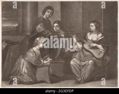 Entreprise de dégivrage. Sur une terrasse, une femme à genoux chante d'un livre de chansons, un homme debout la regarde. Elle est accompagnée d'un guitariste. Banque D'Images