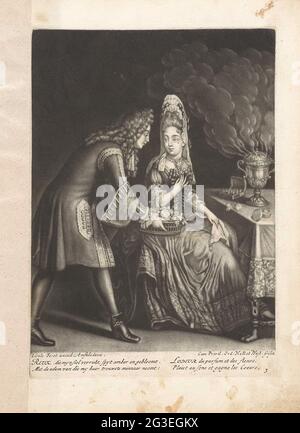 L'odeur; Odor / lodeaur; les cinq sens, représentés par des paires élégantes de Mesdames et Messieurs. Une dame est assise à une table sur laquelle un censeur et une boîte avec des bouteilles de parfum. Un homme lui offre un panier de fleurs. L'impression fait partie d'une série de cinq sens. Banque D'Images
