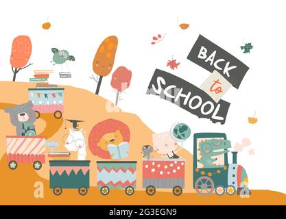 Happy Cartoon animaux voyageant à l'école en train Illustration de Vecteur