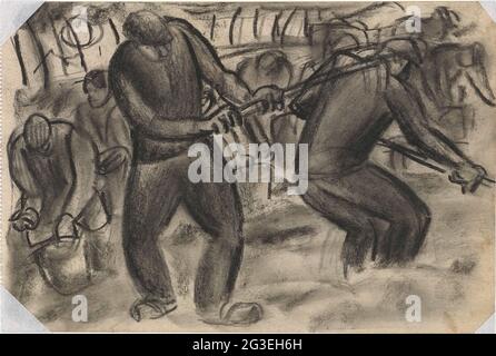 Sans titre pêcheurs de pommes de terre sur terre. Récolte de pommes de terre travaillant sur terre, au premier plan à gauche un fermier debout avec chapeau et scythe à la main, à droite un fermier à l'arrière avec des outils à la main, à l'arrière-plan les agriculteurs qui sont récoltés des pommes de terre sur leurs genoux avec un panier à côté du sol. Banque D'Images