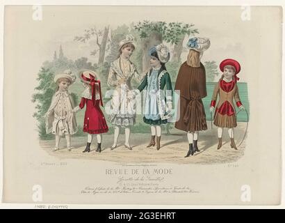 Revue de la mode, Gazette de la famille, Dimanche 11 juin 1882, 11e année, n° 545: Costumes d'enfants (...). Glisse des enfants de Barbey. Six costumes pour filles, de gauche à droite (numéro 1 à 6): 1. Costume pour un enfant de cinq ans de laine de couleur crème. Ceinture de ruban. Chapeau de paille décoré de plumes blanches. 2. Costume pour une fille de six ans. 'Robe-Redingote' (Jackenkurk) du rouge 'Sura'. 3. 'Toilette' pour une fille de dix-onze ans de batist couleur crème, ornée de broderie bleue. 4. Costume pour une fille de huit-neuf ans de soie bleue et de vert défaut ou de laine. 5. Cloak pour un rif Banque D'Images