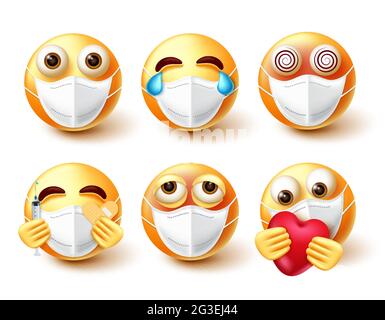 Ensemble de vecteurs emoji covid-19. Émoticônes caractères 3d dans le masque facial avec des expressions de malade, de vertige et de soins pour la collecte d'émoticônes de campagne pandémique. Illustration de Vecteur