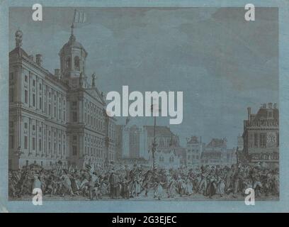 Feest of Freedom sur la place du Dam à Amsterdam, le 4 mars 1795. Fête de la liberté, célébrée avec l'inauguration de l'arbre de la liberté sur le barrage d'Amsterdam, le 4 mars 1795. Vue sur le barrage avec une grande foule dansant à l'arbre de la liberté. Banque D'Images