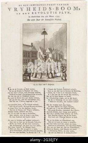 Groupe de logement de l'arbre de liberté sur le barrage Dam à Amsterdam, 1795; par l'Inwydings-Feest van den Vryheid-Boom, sur la révolution Plyn, à Amsteldam den 4 mars 1795. Fête de la liberté lors de la dédition de l'arbre de la liberté sur la place du Dam, à l'époque des révolutionnaires, à Amsterdam, le 4 mars 1795. Sur le magasin sous la plaque un verset en six couplets. Banque D'Images