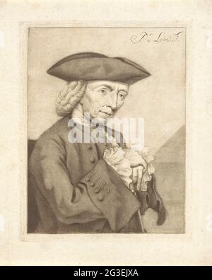 Portrait de Hendrik Spilman. Le dessinateur, dessinateur et peintre Hendrik Spilman. Il a laissé ses mains les unes sur les autres reposer sur son bâton de marche. Banque D'Images