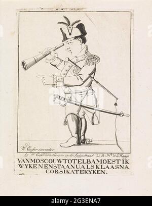 Caricature sur Napoleons attente à l'Elbe, 1814; de Moscou à l'Elbe, j'ai dû wyken et de s'en tenir à Klaas après Corsika maintenant. Caricature à Napoleons attente à l'île d'Elbe, mai 1814. Napoléon debout dans le profil à gauche, regardant à travers des jumelles. Banque D'Images