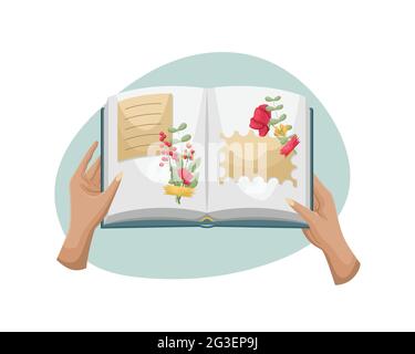 Un livre ouvert avec un herbier. Les mains des femmes tiennent un album de fleurs séchées. Illustration de Vecteur
