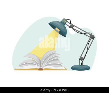 Un livre ouvert sur la table avec une lampe de table. Éducation, lecture. Illustration de Vecteur