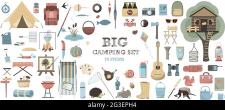 Grand ensemble vectoriel pour le camping. Équipement pour la randonnée, l'alpinisme et le camping - un ensemble d'icônes et d'infographies. Conception plate. Maison d'arbre, tente, camping Illustration de Vecteur