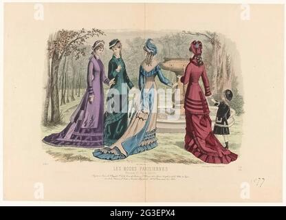 Les modes Parisiennes, 1877, n° 1774: Parfumerie Oriza de L. Legrand (...). Quatre femmes et une fille à une fontaine dans un parc. Sous le texte de publicité de l'affichage de certaines règles pour différents produits. Imprimé du magazine de mode les modes parisiennes (1843-1885). Banque D'Images