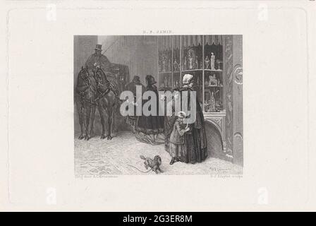 Bras et riche dans la rue. Une femme avec deux enfants dans des vêtements de merde queue à une fenêtre richement remplie d'un magasin avec des figurines, des vases et de la verrerie. La statue où son regard est dirigé le plus possible présente Sint Nicolaas. Le plus petit enfant regarde un chien dans la rue. Une dame plus riche et habillée marche avec ses enfants jusqu'à un homme avec une voiture prête à l'emploi. Banque D'Images