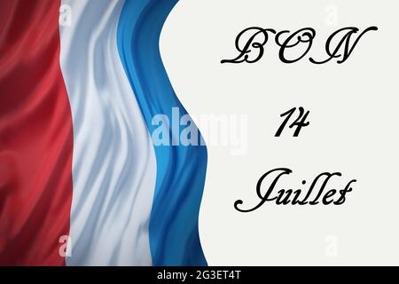 Joyeux 14 juillet, Journée nationale de France, écrit en français et drapeau de France, sur fond blanc avec espace pour le texte Banque D'Images