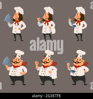 Ensemble de chefs dans différentes poses. Personnages masculins et féminins dans un style de dessin animé. Illustration de Vecteur