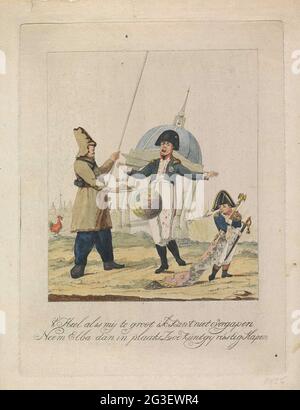 Napoléon obtient Elba, 1814. Caricature à l'expansion de Napoleons à l'île d'Elbe, mai 1814. Un Napoléon qui se plaint doit lâcher le globe et obtient plutôt l'île d'Elbe, qui est servi par un canapé sur une assiette. À droite, le roi de Rome, fils de Napoléon, part avec la couronne des empereurs, le sceptre, l'épée et le manteau. En arrière-plan, un temple qui s'effondre, peut-être le dôme de l'Hôtel des Invalides à Paris. Avec légende à deux pattes. Banque D'Images