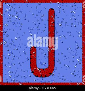 Graphique avec le caractère majuscule OCR J sous forme de monogramme rouge avec gouttes d'eau bleues Banque D'Images