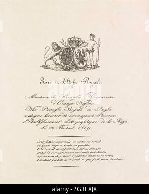 Billet de la visite de la princesse veuve d'Oranje Nassau à un atelier lithographique à la Haye, 22 février 1819; son Altesse Royale Madame la princesse Douairière d'Orange Nassau (...) a Daigné Honorer de son Auguste présence l'Etablissement lithographique de la Haye. LE 22 FEVERREER 1819. Lame faite à la suite de la visite de Wilhelmina van Prusse, la princesse Douairière d'Orange, lors d'un atelier lithographique à la Haye le 22 février 1819. Vignette avec les armes des pays-Bas et de la Prusse, y compris le texte sur la visite suivie d'une six lignes fraîches en français. Banque D'Images