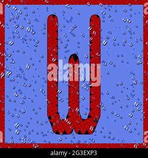 Graphique avec le caractère en majuscules OCR W sous forme de monogramme rouge avec gouttes d'eau bleues Banque D'Images