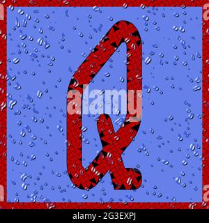 Graphique avec le caractère majuscule OCR Q comme monogramme rouge avec gouttes d'eau bleues Banque D'Images