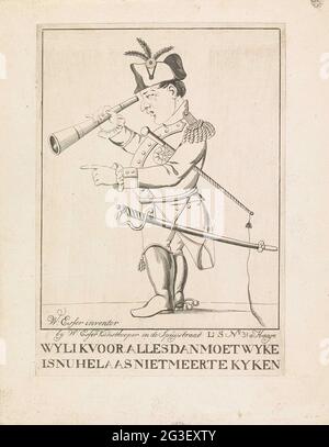 Caricature sur Napoleons attente à Elba, 1814; Wyl moi pour tout puis wyke n'est malheureusement plus à kyken. Caricature à Napoleons attente à l'île d'Elbe, mai 1814. Napoléon debout dans le profil à gauche, regardant à travers des jumelles. Banque D'Images