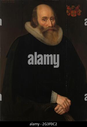 Portrait d'Antonius Antonides van der Linden, médecin à Amsterdam. Portrait d'Antonius Antonides van der Linden, médecine à Amsterdam. Sa moitié, les mains croisées pour le ventre, les gants dans la main gauche. En haut à droite, l'écusson de la famille. Pendentif de SK-A-1544. Banque D'Images