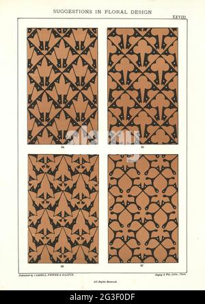 Suggestions en design floral, victorien XIXe siècle, motifs fleuris répétés sans couture, rouge noir Banque D'Images