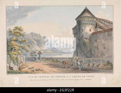 Vue sur le château de Chillon ; vue du château de Chillon à 2 lieux de Vevey. Le château de Chillon, situé au lac Léman. Banque D'Images