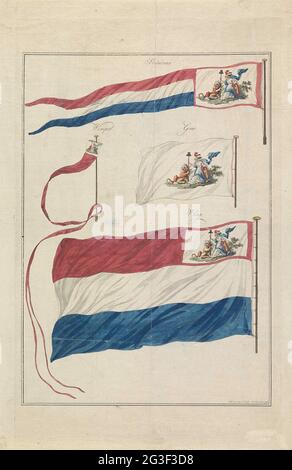 Drapeaux de la Marine de la République Batavienne, 1796. Quatre variantes du nouveau pavillon de la Marine de la République Batavienne, introduites le 1er mars 1796. Les différentes formes sont: Standard, pennant, geus et drapeau. Le drapeau de la marine se distingue en ajoutant un emblème allégorique dans lequel la vierge hollandaise et le lion hollandais tiennent une lance avec le chapeau de liberté ensemble. Banque D'Images