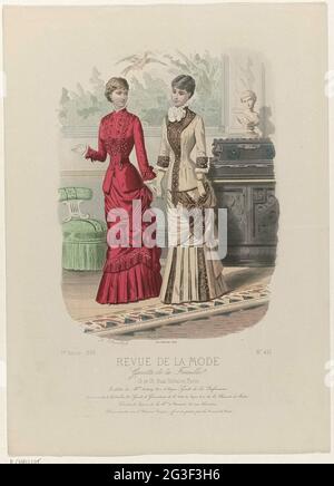 Revue de la mode, Gazette de la famille, Dimanche 22 août 1880, 9e année, n° 451: Toilette de Mme Duboys (...). Deux femmes dans un intérieur habillé dans les robes Duboys. À gauche : JAP de satin (Satin Merveilleux). A droite: 'Toilette de demi-saison' convient pour une jeune femme ou une fille. Noeud blanc au niveau du cou. Sous l'image règles uniques texte publicitaire pour différents produits. Impression à partir du magazine de la revue de la mode (1872-1913). Description détaillée des vêtements à la page 284 'Planche Coloriée'. Banque D'Images