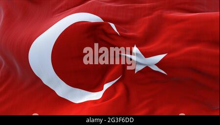 Détail du drapeau national de la Turquie volant dans le vent. Démocratie et politique. Banque D'Images