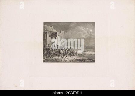 Rencontre entre Wellington et Blücher après la bataille de Waterloo, 1815. Rencontre nocturne entre les généraux Wellington et Blücher à de Hoeve la Belle Alliance après la bataille gagnée de Waterloo le 18 juin 1815. Partie d'un groupe d'illustrations d'événements autour et pendant les batailles de quatre-bras et de Waterloo, 16-18 juin 1815. Banque D'Images