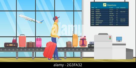 Transfert de voyage à l'aéroport international, illustration du vecteur de transport aérien. Personne de dessin animé avec des bagages regardant le tableau des horaires de vol, debout à côté du tapis transporteur de bagages Illustration de Vecteur