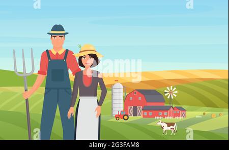 Les agriculteurs agraires travaillent sur la ferme d'élevage de bétail dans le village agriculture illustration de vecteur de paysage. Caricature jeune homme femme couple personnages tenant Pitchfork, travaillant sur fond de champ Illustration de Vecteur