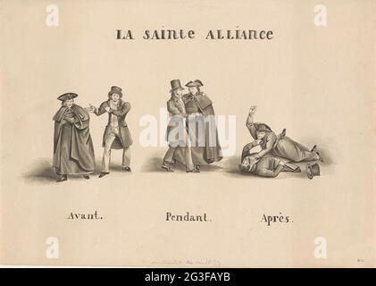 Caricature de l'Alliance fermée entre le Parti romain Kleri et le Parti libéral contre le gouvernement néerlandais, 1828; la Sainte Alliance. Caricature de l'Alliance fermée dans le sud des pays-Bas entre le Parti romain Kleri et le Parti libéral contre le gouvernement néerlandais, 23 juillet 1828. Trois représentations de deux figures, représentants des deux parties. Gauche 'avant' comme des ennemis, le 'pendentif' central comme des amis et droit 'après' roulant de combat les uns avec les autres au-dessus du sol. Banque D'Images