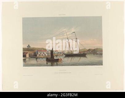 Port de Willemstad ; Curaçao. Place des navires de guerre dans le port. Vue sur la partie du port de Willemstad où les navires de guerre s'amarrer. Il y a également indiqué sur le dossier: Belvedere, cour du HR. Van der Meulen et fort Nassau. Une partie de la tôle « pertes de l'ouest-IF de Neerland ». Banque D'Images