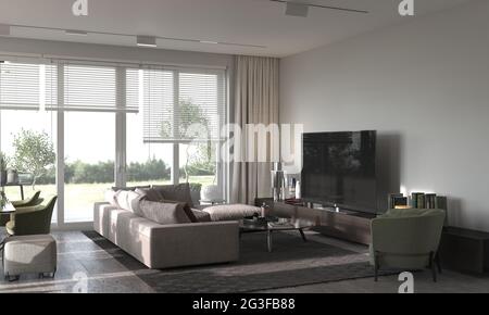 Décoration intérieure moderne minimaliste. Salon-studio avec canapé, fauteuil, moquette et TV. rendu 3d. illustration 3d. Banque D'Images