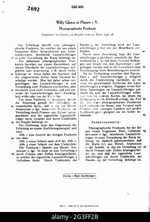 Documents, brevet, fascicule de brevet numéro 556503, Bureau des brevets de Reich, à : Willy Glaess, LE DROIT D'AUTEUR DE L'ARTISTE NE DOIT PAS ÊTRE AUTORISÉ Banque D'Images